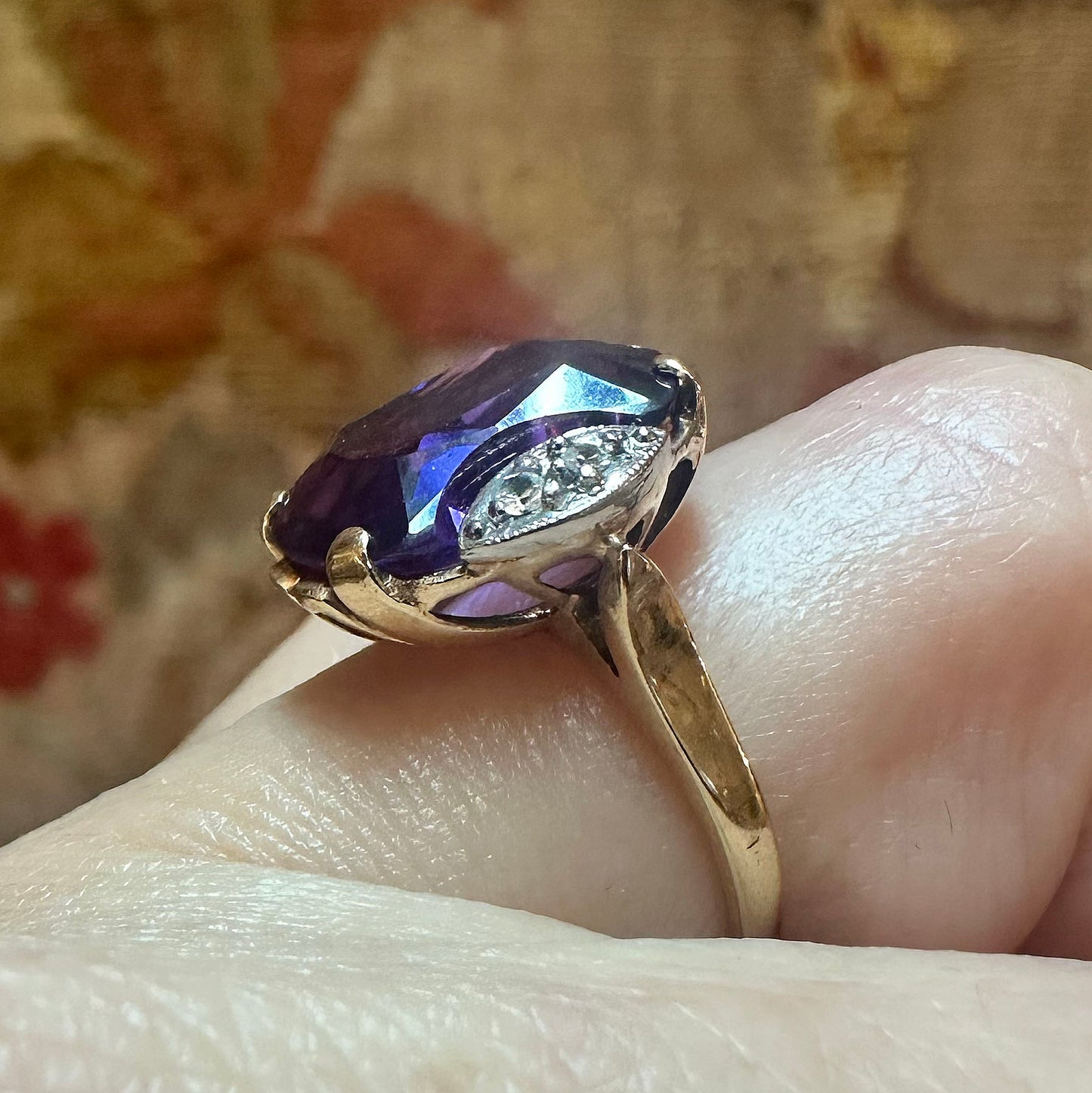c.1940s 10k Pink Gold Amethyst & Diamond Ring