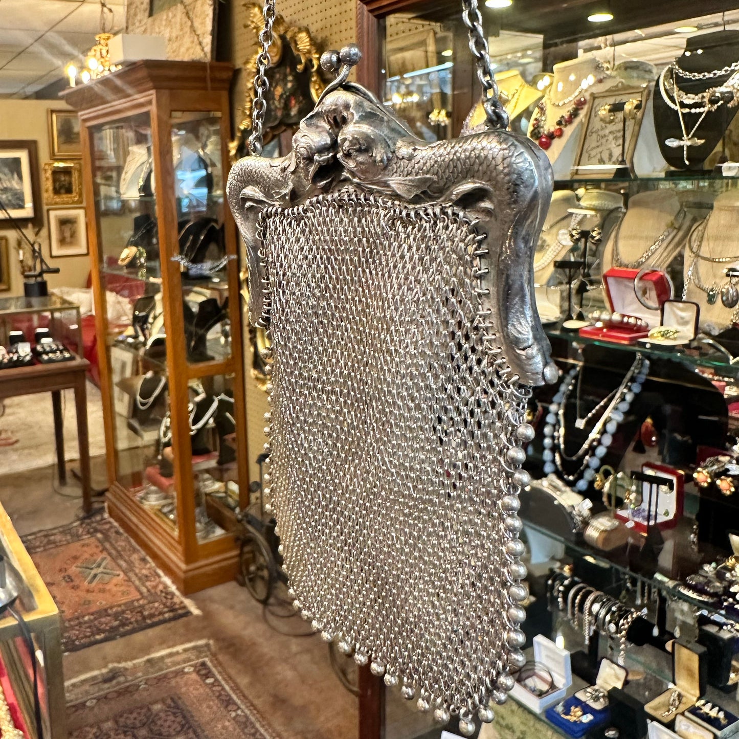 Antique Art Nouveau Sterling Repoussé Mermaid & Serpent Mesh Purse