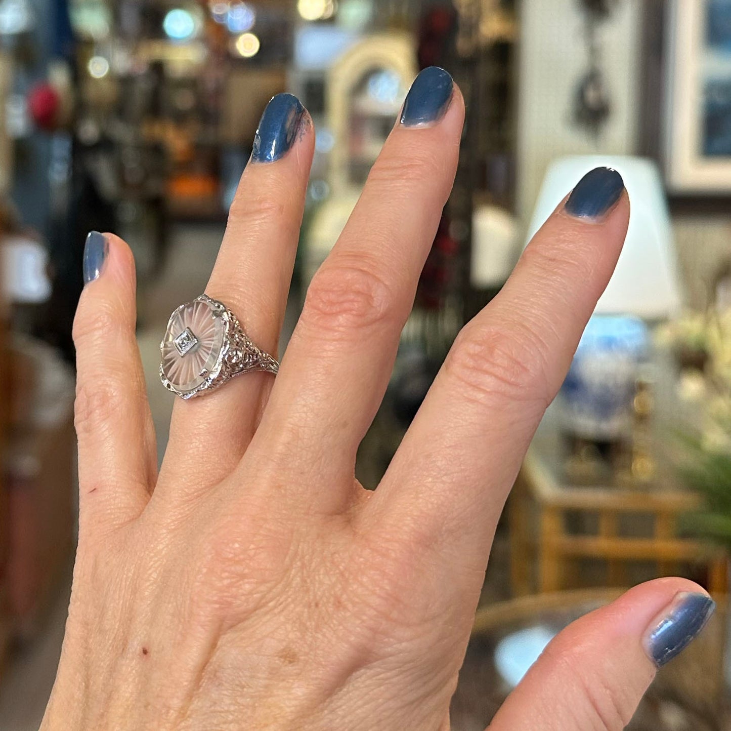 Art Deco Camphor Glass White Gold Ring