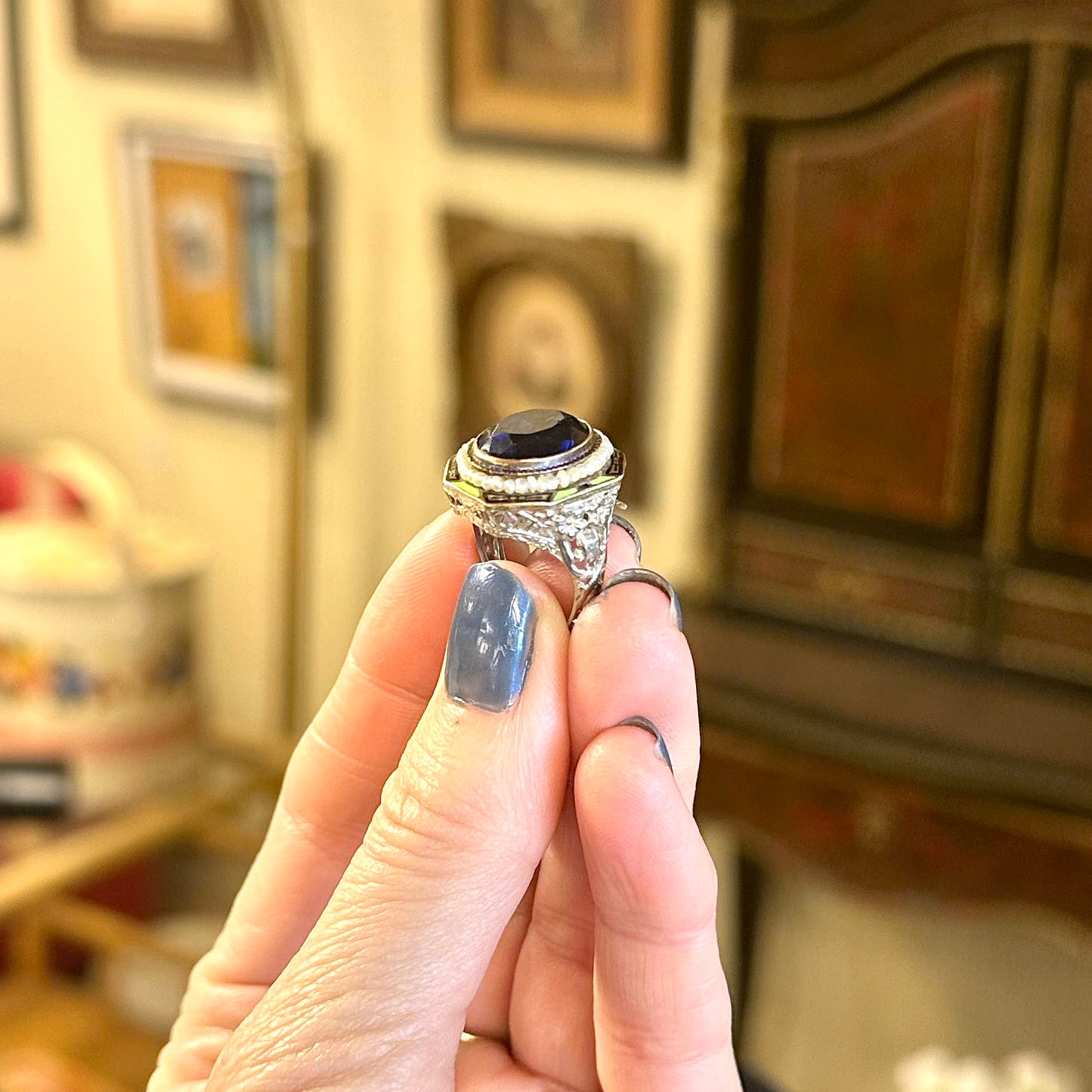 Art Deco Enamel Halo Gold Ring
