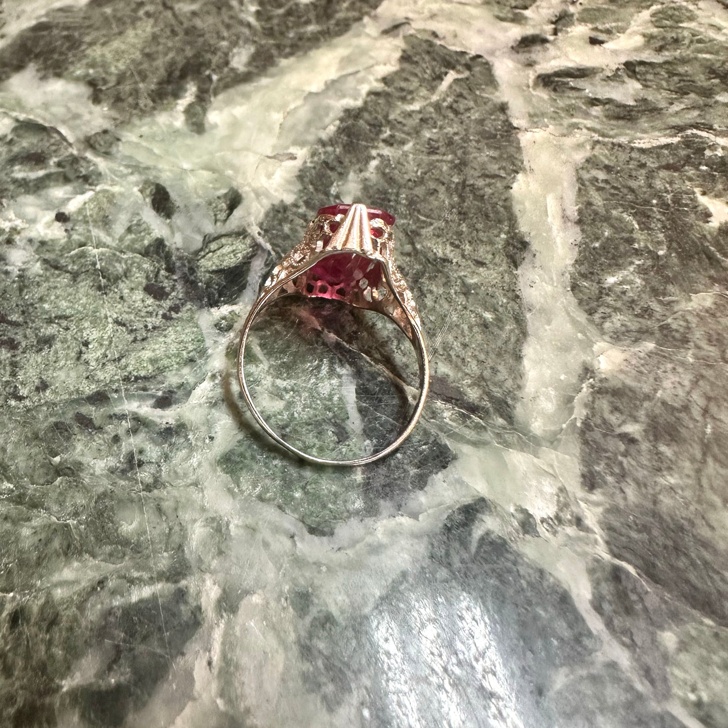 Art Deco Faceted Pink Stone Gold Ring