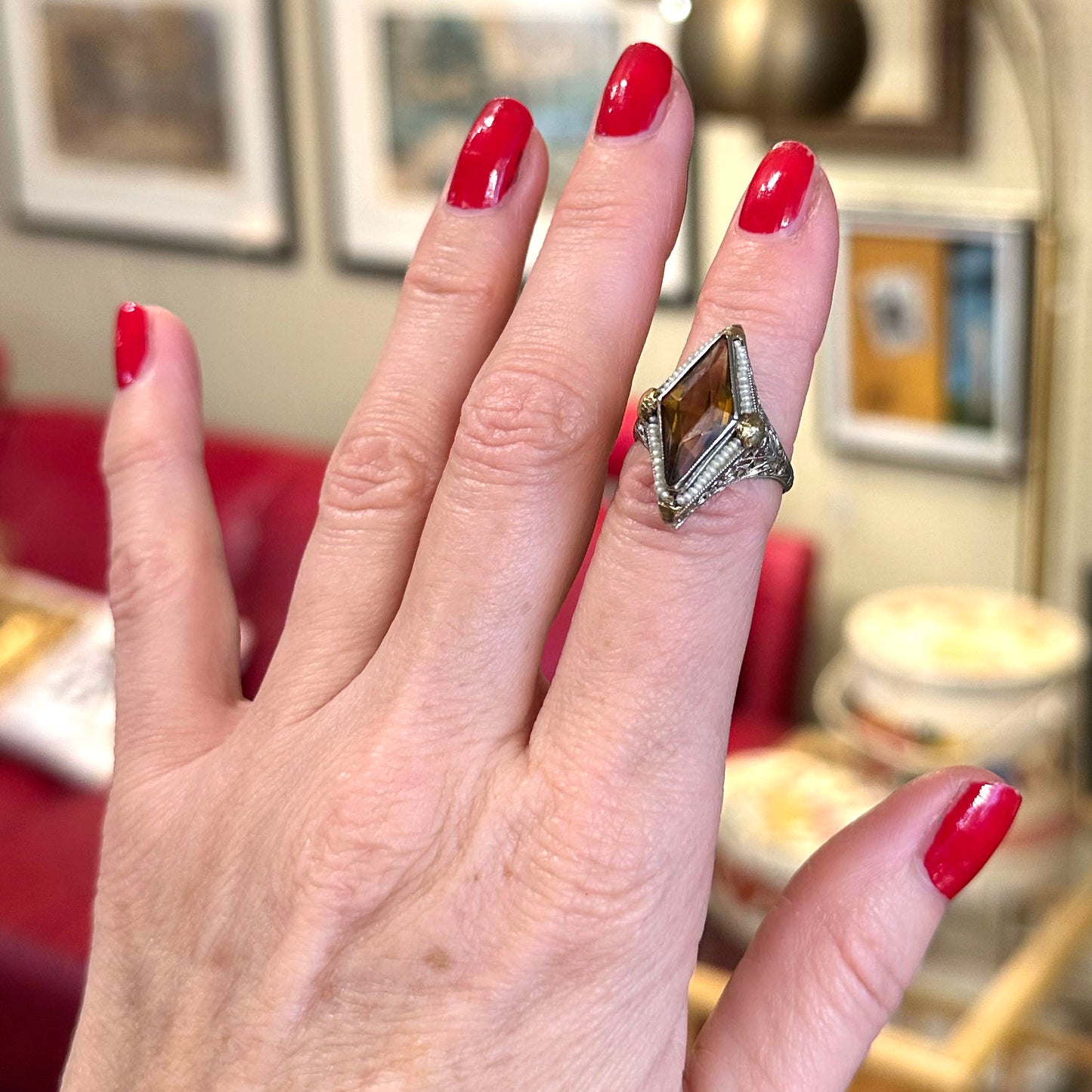 Art Deco Citrine & Pearl Ring