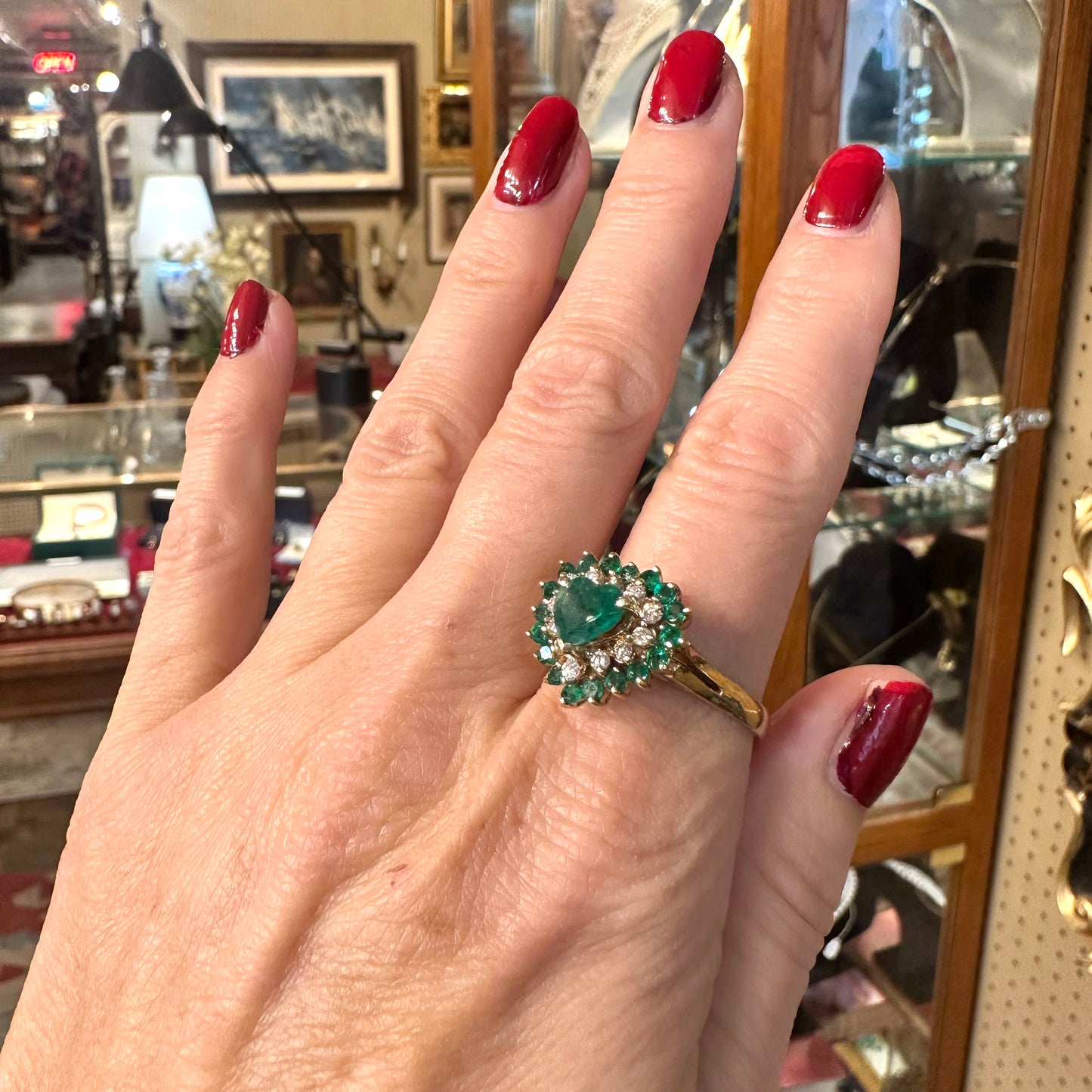 Vintage 14k Heart Shaped Emerald & Diamond Cocktail Ring