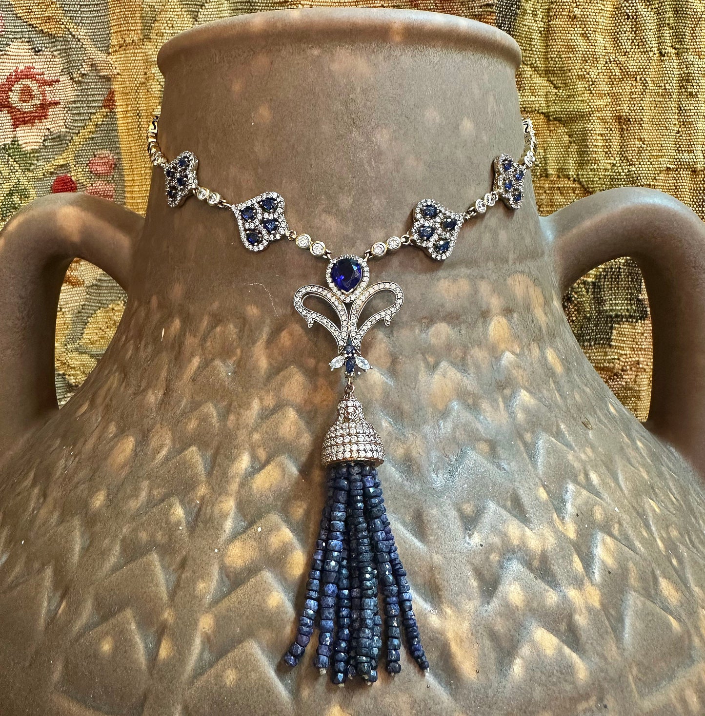 Deco Revival Paste Sapphire, Diamond & Genuine Lapis Necklace