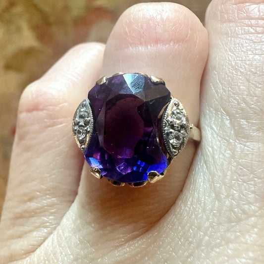 c.1940s 10k Pink Gold Amethyst & Diamond Ring
