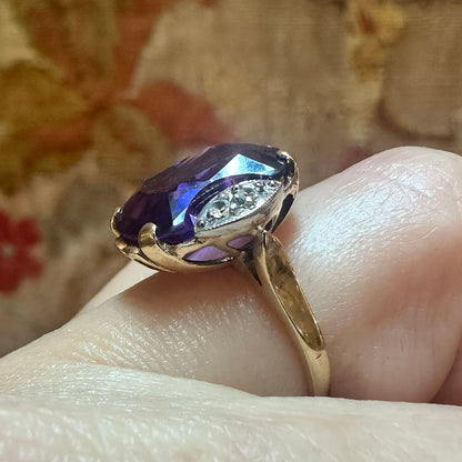 c.1940s 10k Pink Gold Amethyst & Diamond Ring