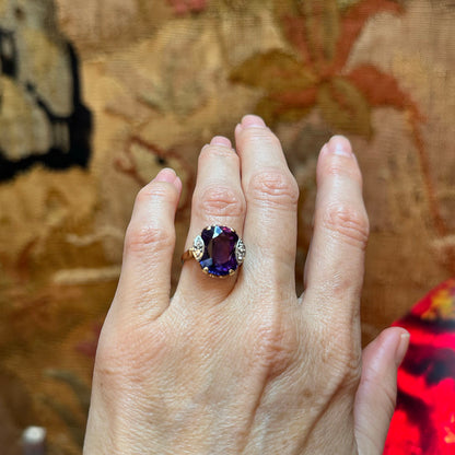 c.1940s 10k Pink Gold Amethyst & Diamond Ring