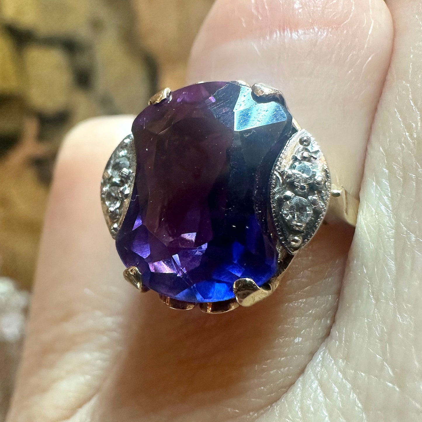 c.1940s 10k Pink Gold Amethyst & Diamond Ring