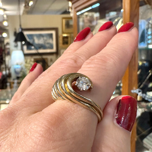 Vintage 14k Wave Ring w/ 0.5 ct Single Diamond