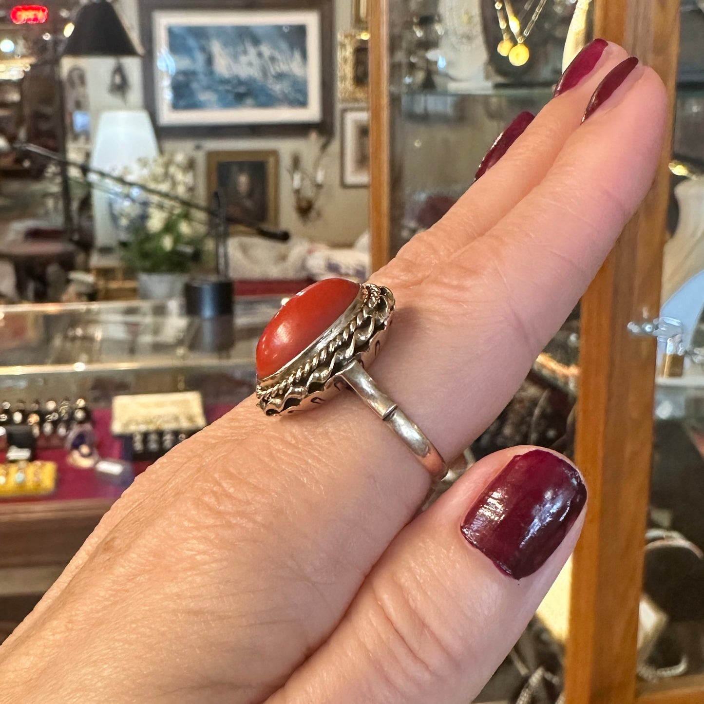 c.1920s Braided Halo 18k Coral Ring