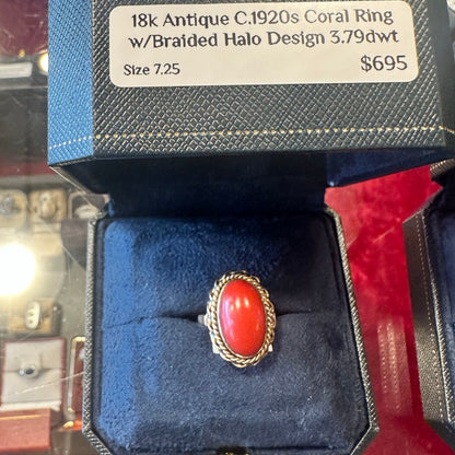 c.1920s Braided Halo 18k Coral Ring