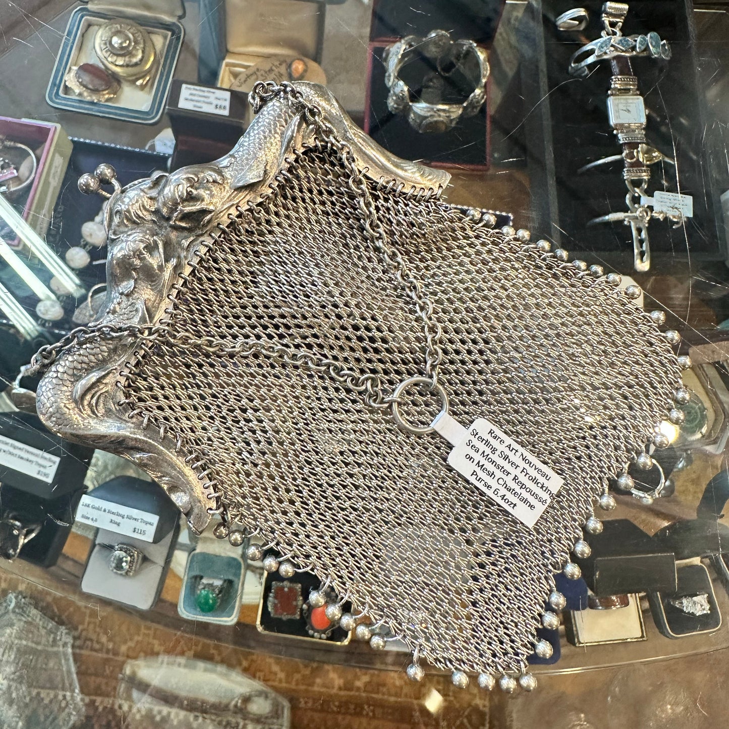 Antique Art Nouveau Sterling Repoussé Mermaid & Serpent Mesh Purse