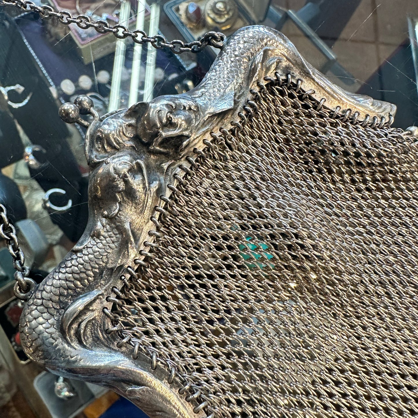 Antique Art Nouveau Sterling Repoussé Mermaid & Serpent Mesh Purse