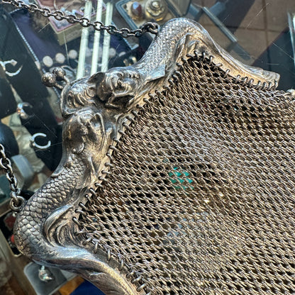 Antique Art Nouveau Sterling Repoussé Mermaid & Serpent Mesh Purse