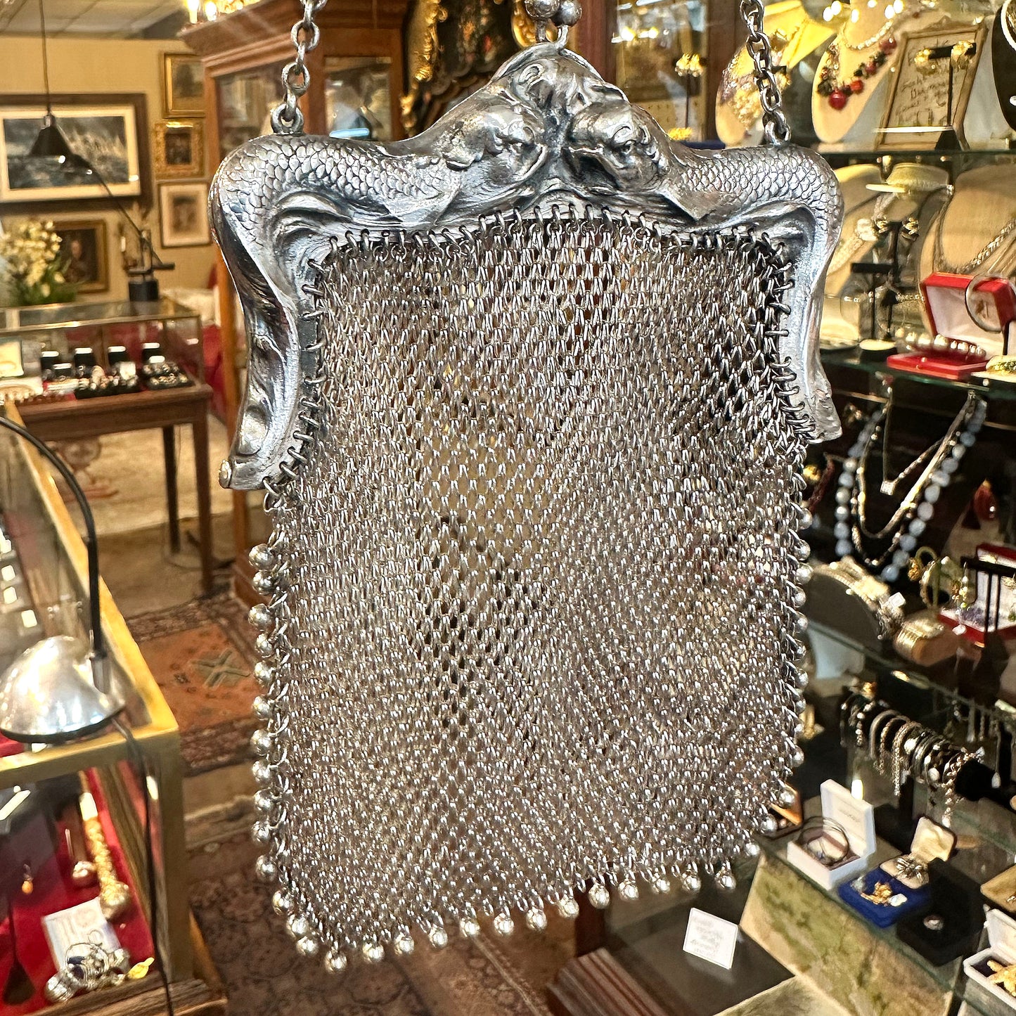 Antique Art Nouveau Sterling Repoussé Mermaid & Serpent Mesh Purse