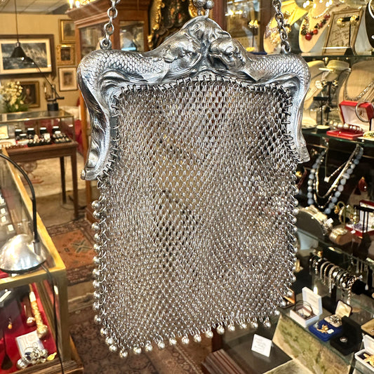 Antique Art Nouveau Sterling Repoussé Mermaid & Serpent Mesh Purse