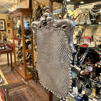 Antique Art Nouveau Sterling Repoussé Mermaid & Serpent Mesh Purse