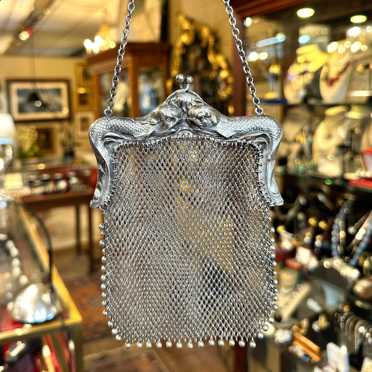 Antique Art Nouveau Sterling Repoussé Mermaid & Serpent Mesh Purse