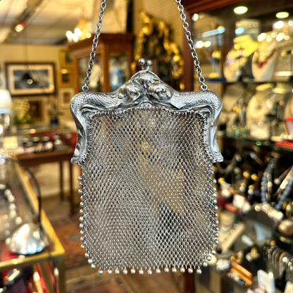 Antique Art Nouveau Sterling Repoussé Mermaid & Serpent Mesh Purse