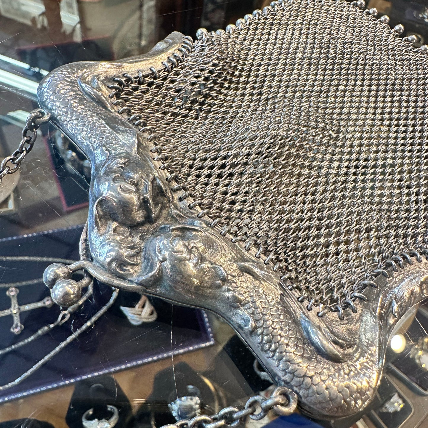 Antique Art Nouveau Sterling Repoussé Mermaid & Serpent Mesh Purse