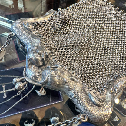 Antique Art Nouveau Sterling Repoussé Mermaid & Serpent Mesh Purse