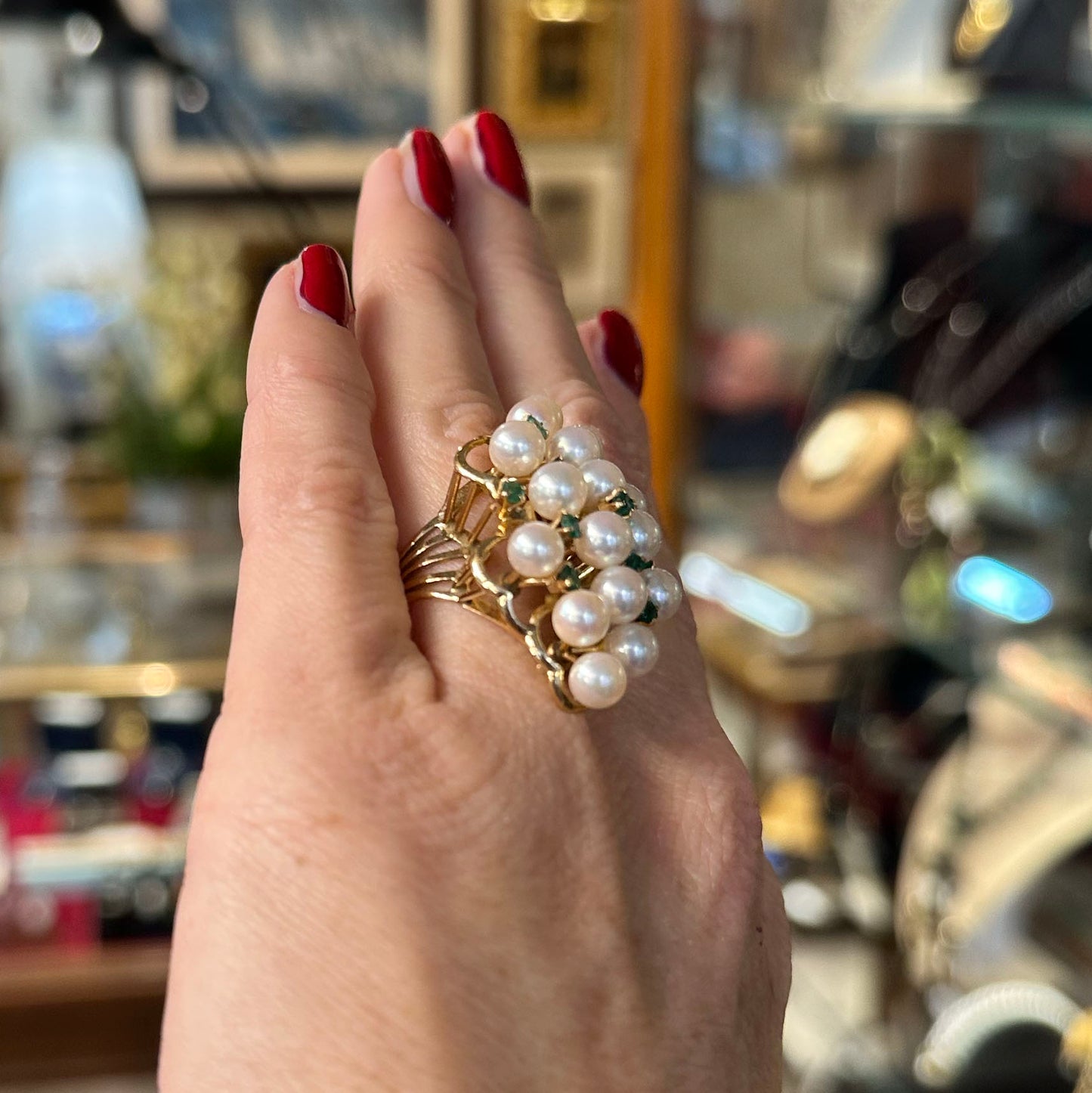 1950s 14k Pearl & Emerald Cocktail Ring