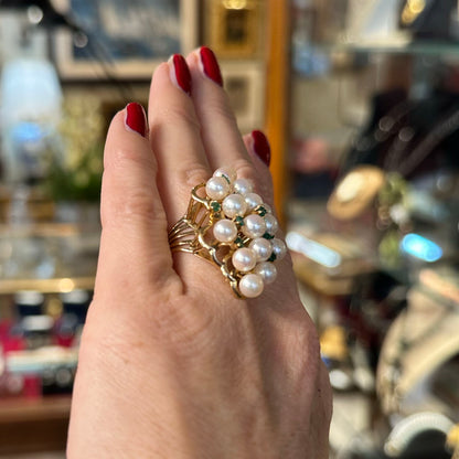 1950s 14k Pearl & Emerald Cocktail Ring