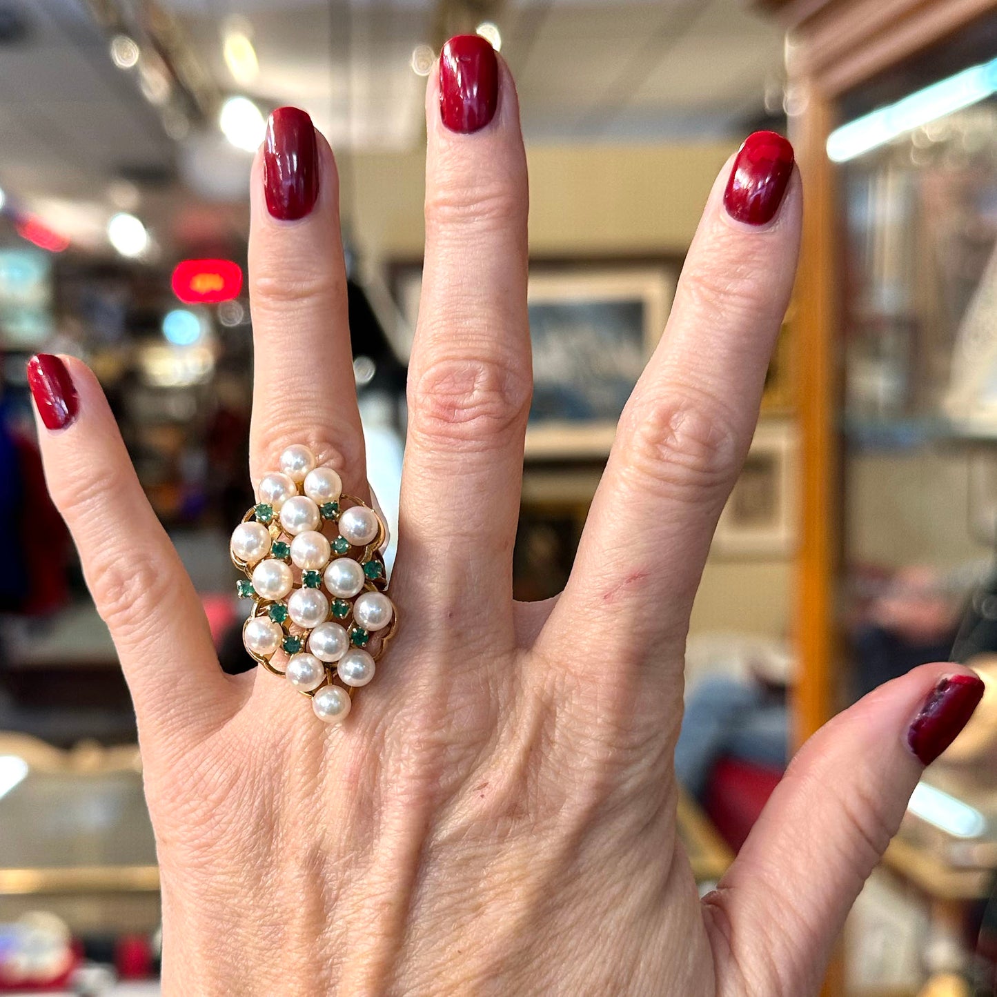 1950s 14k Pearl & Emerald Cocktail Ring
