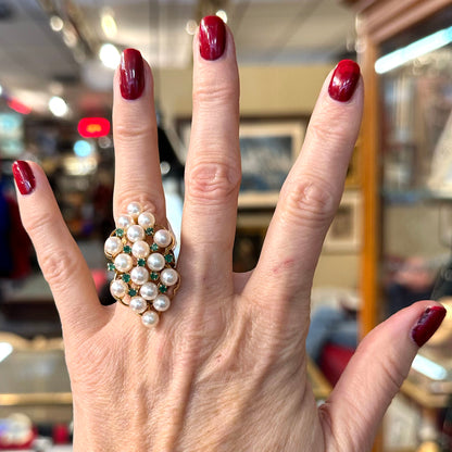 1950s 14k Pearl & Emerald Cocktail Ring