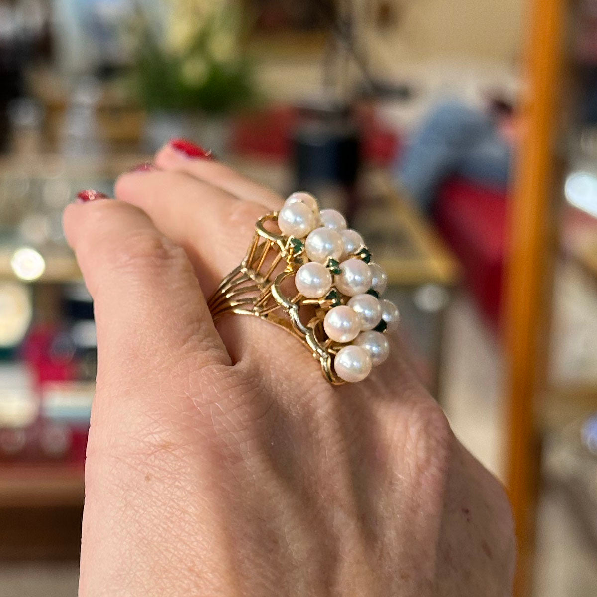 1950s 14k Pearl & Emerald Cocktail Ring