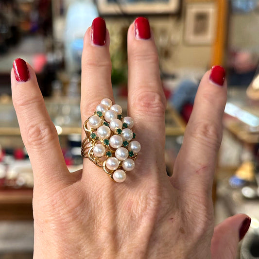 1950s 14k Pearl & Emerald Cocktail Ring
