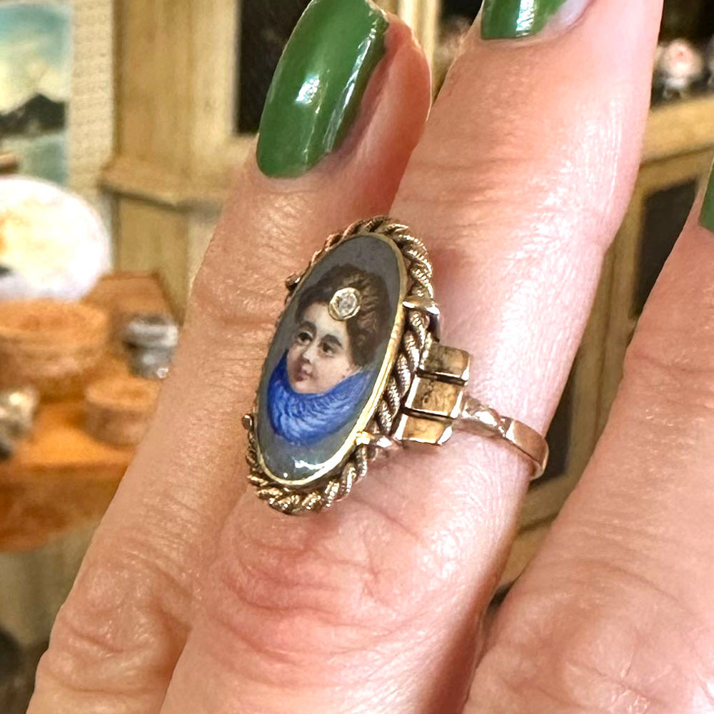 19th Century 14k Gold Hand-Painted Enamel Portrait Ring - Saugerties Antiques Center