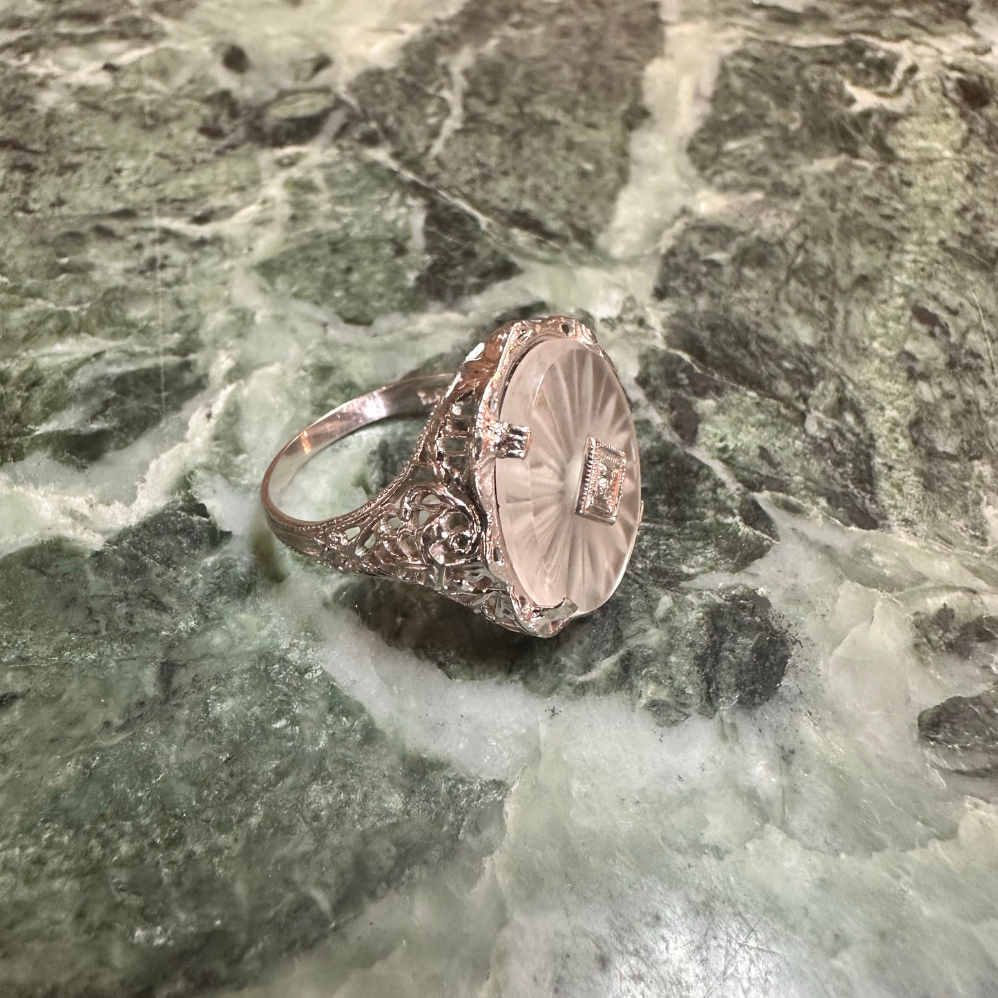 Art Deco Camphor Glass White Gold Ring