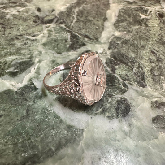 Art Deco Camphor Glass White Gold Ring