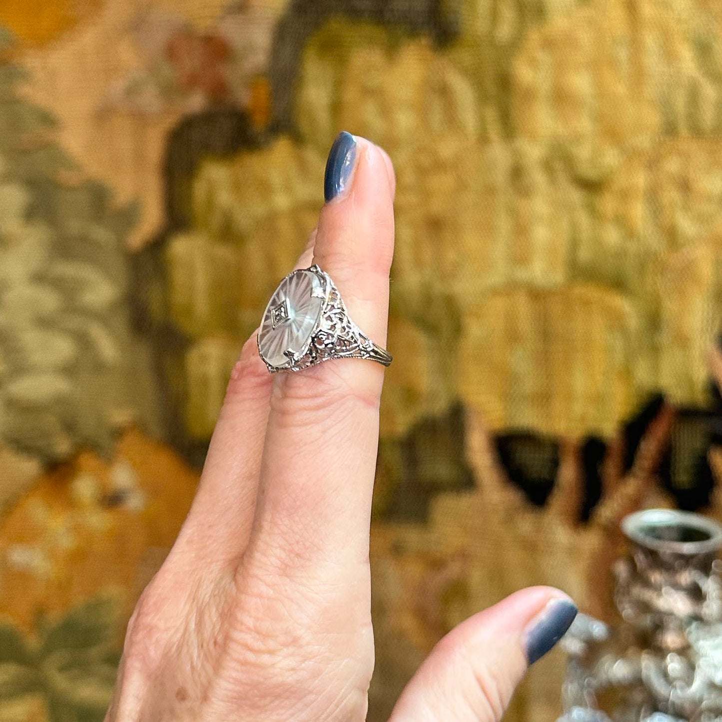 Art Deco Camphor Glass White Gold Ring