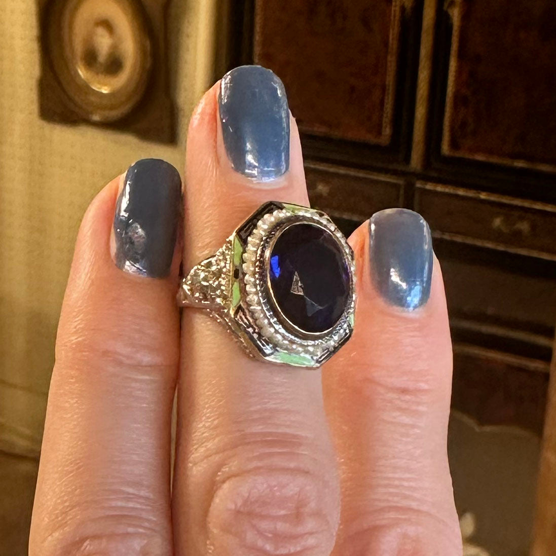 Art Deco Enamel Halo Gold Ring