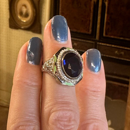 Art Deco Enamel Halo Gold Ring
