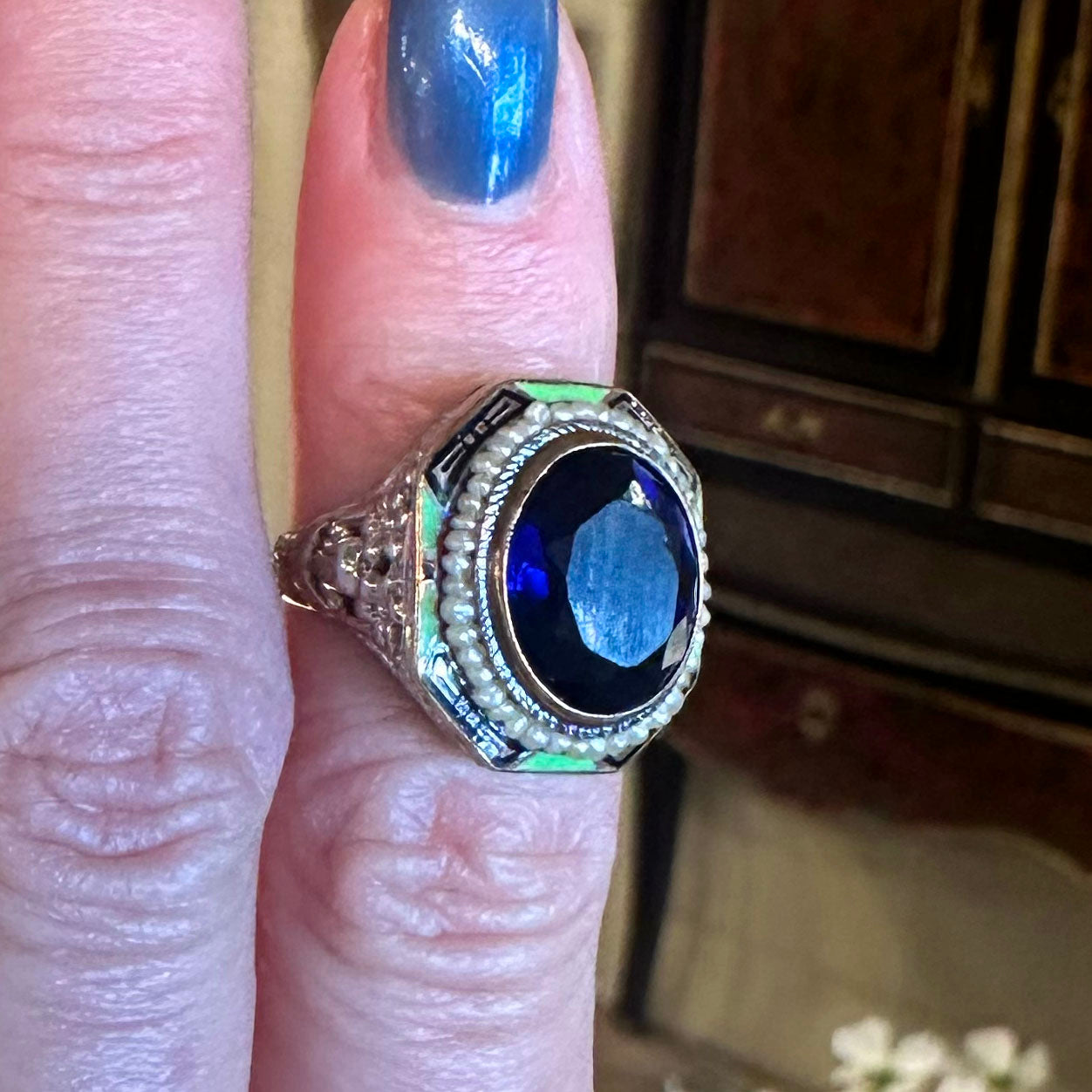 Art Deco Enamel Halo Gold Ring