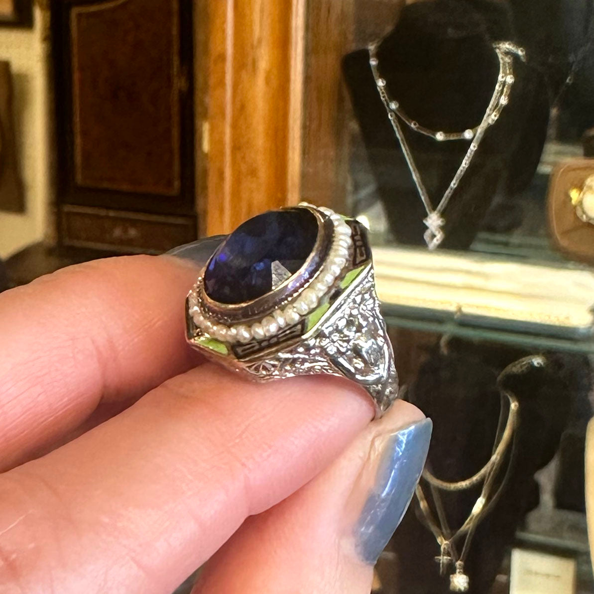 Art Deco Enamel Halo Gold Ring