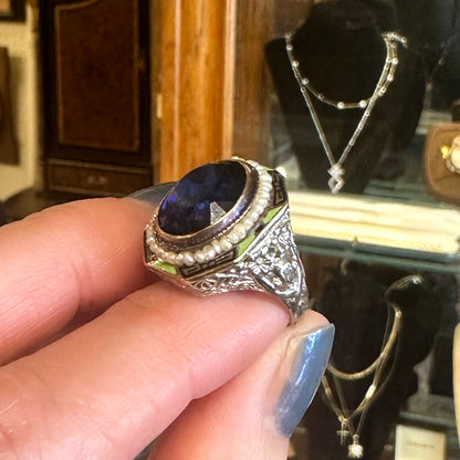 Art Deco Enamel Halo Gold Ring