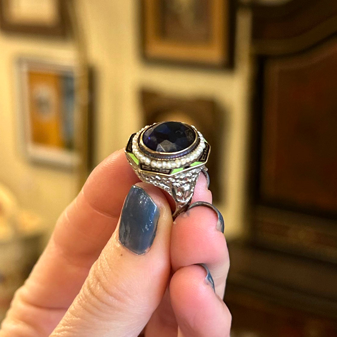 Art Deco Enamel Halo Gold Ring