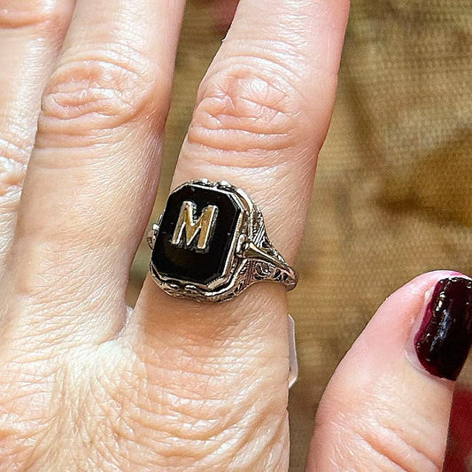 14k "M" Onyx & Cameo Flip Ring