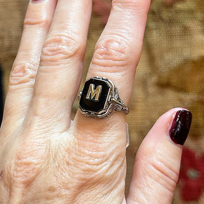 14k "M" Onyx & Cameo Flip Ring