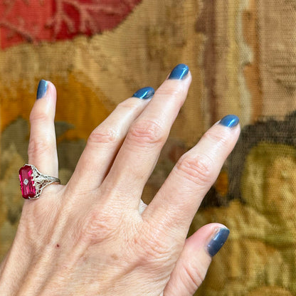 Art Deco Faceted Pink Stone Gold Ring