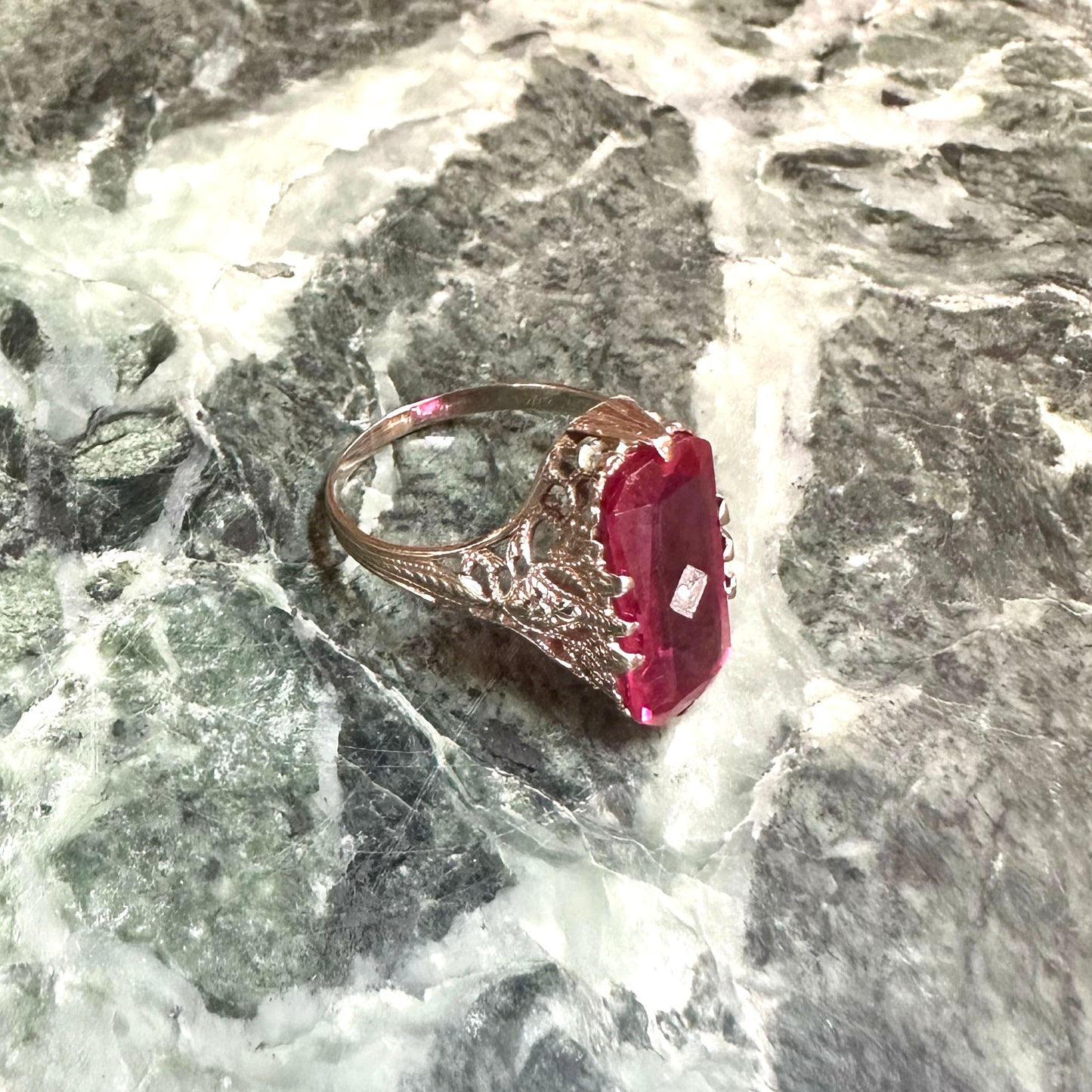 Art Deco Faceted Pink Stone Gold Ring