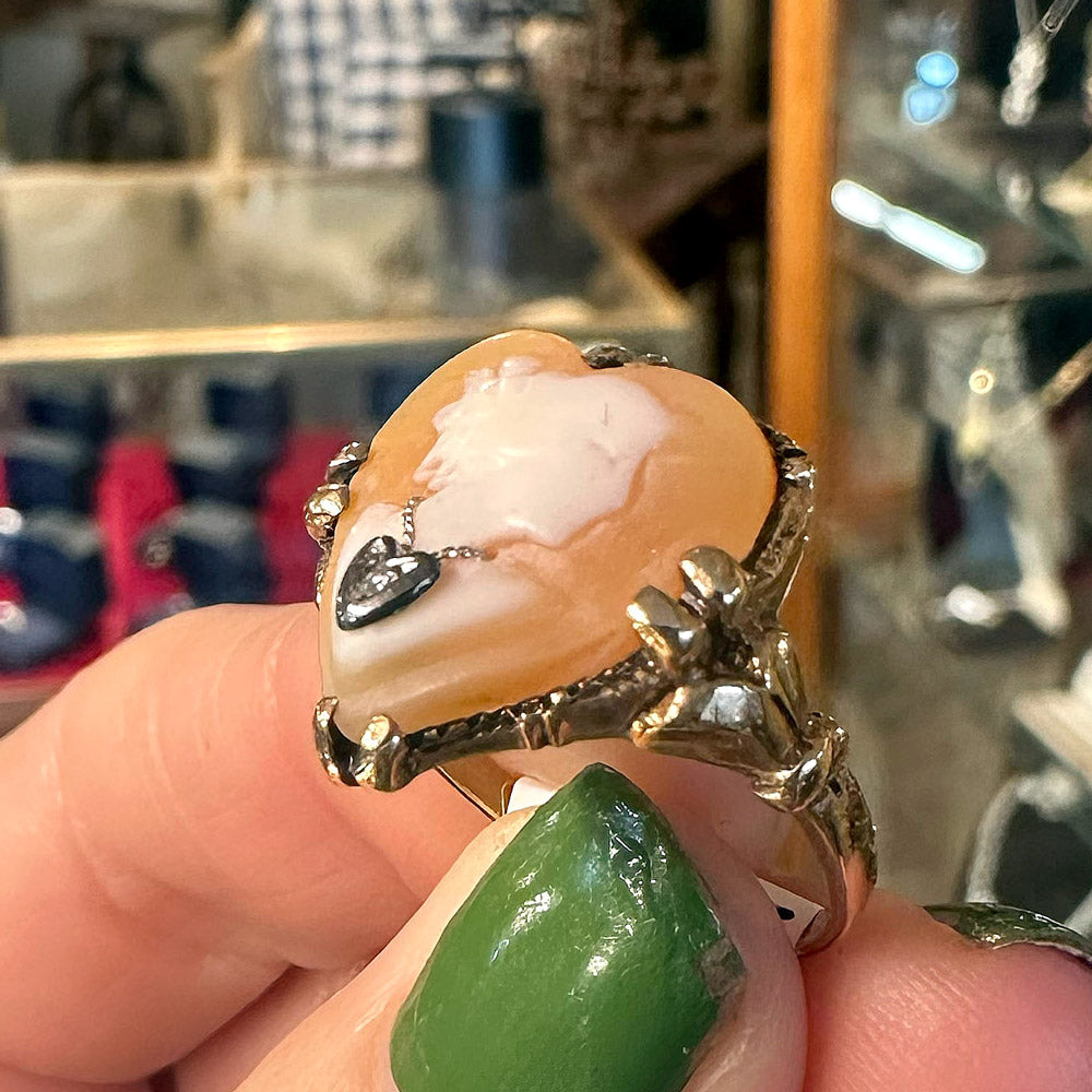 Side-view of a gorgeous antique Cameo ring in gold for sale Upstate New York.