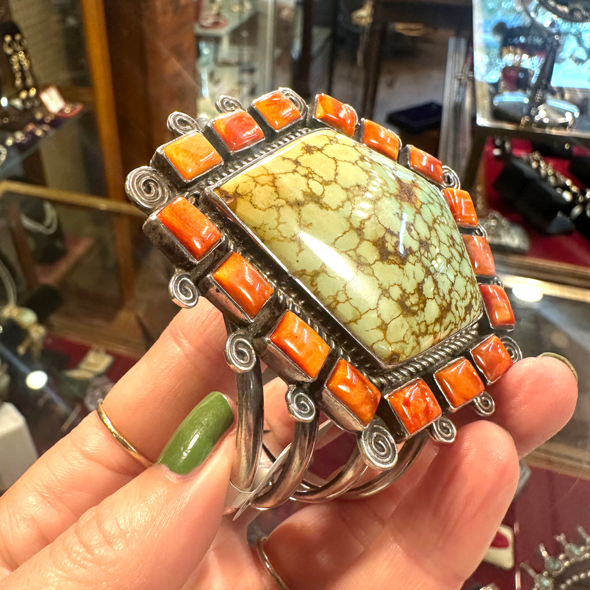 Vintage Signed Navajo Coral & Turquoise Cuff