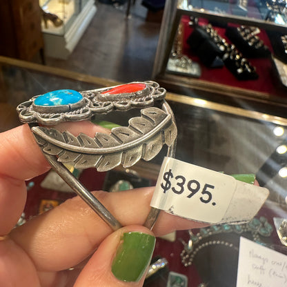 Vintage Turquoise Coral Leaf Cuff