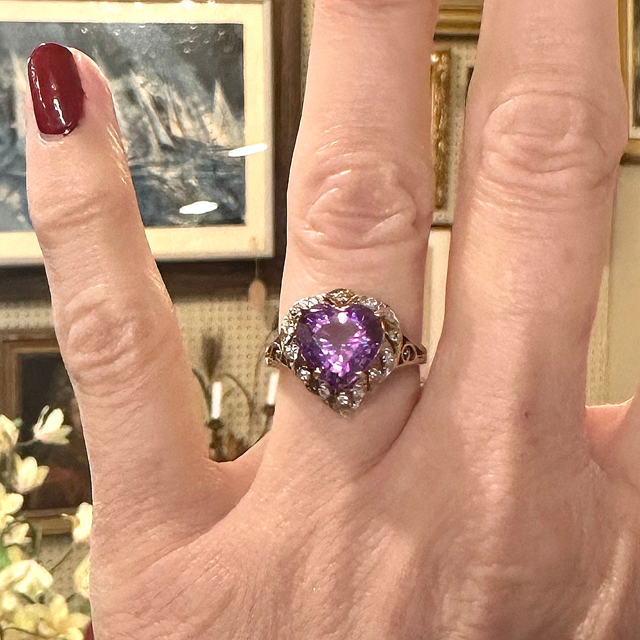 Vintage 14k Amethyst & Diamond Heart Shaped Ring