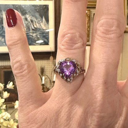 Vintage 14k Amethyst & Diamond Heart Shaped Ring